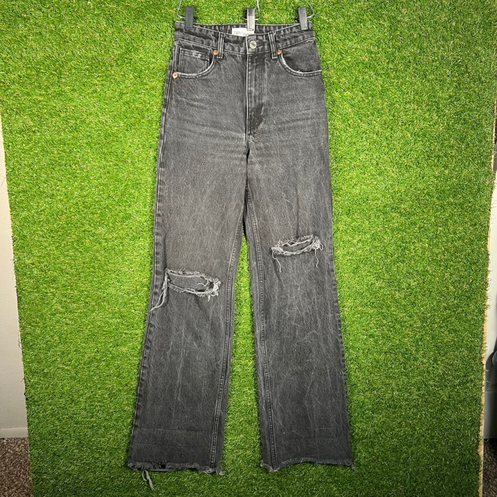 Zara Womens High Waist Wide Leg Distressed Jeans Faded Black Size‎ 2 Ripped Hem